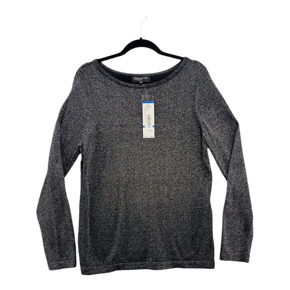 Jones New York Womens Knitted Blouse Black Gray Marled Long Sleeve Scoop Neck XL